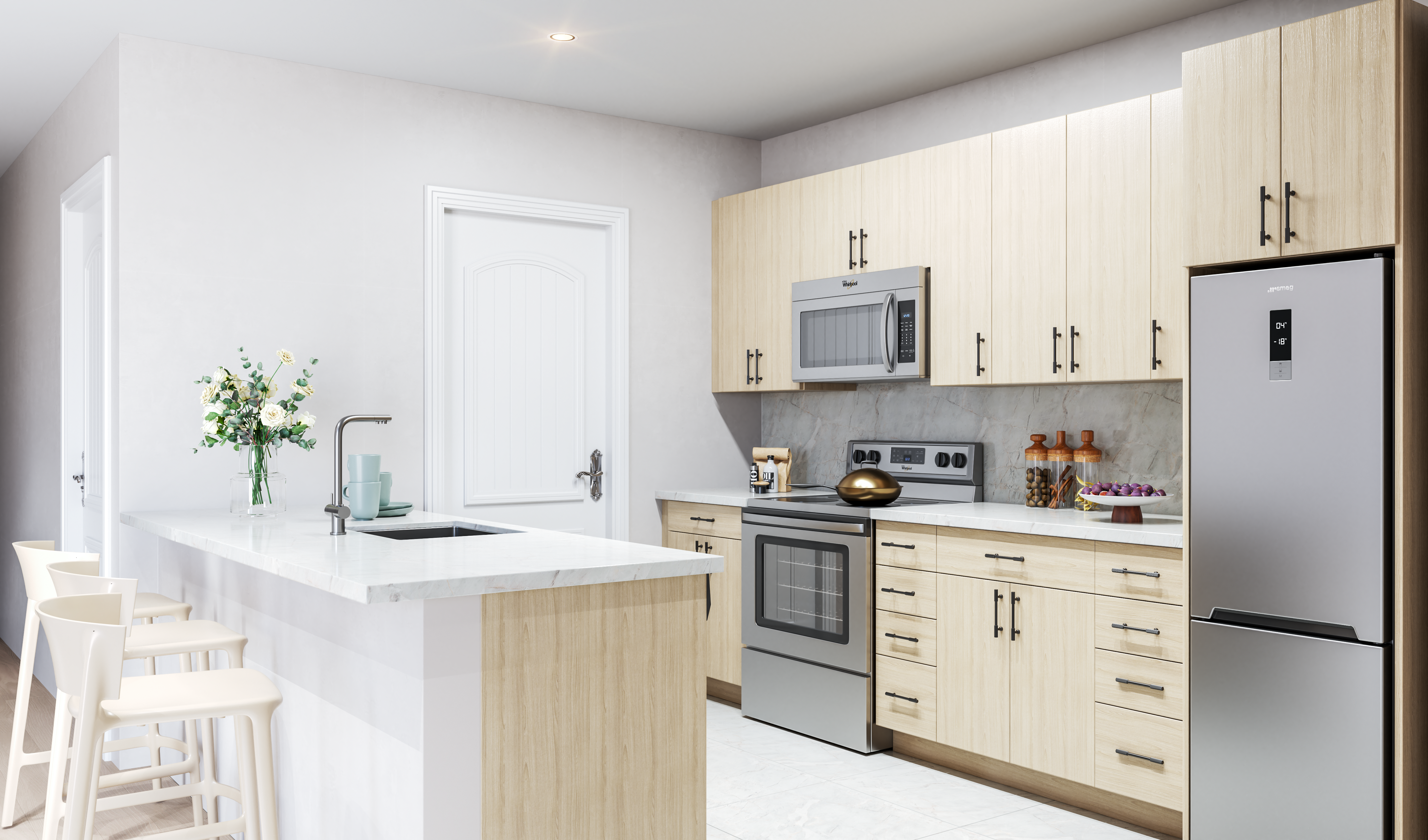 Oak and white kitchen with island